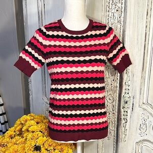 Liz Claiborne Y2K Short Sleeve Striped Knit Top  in Pinks, Burgundy, and Black